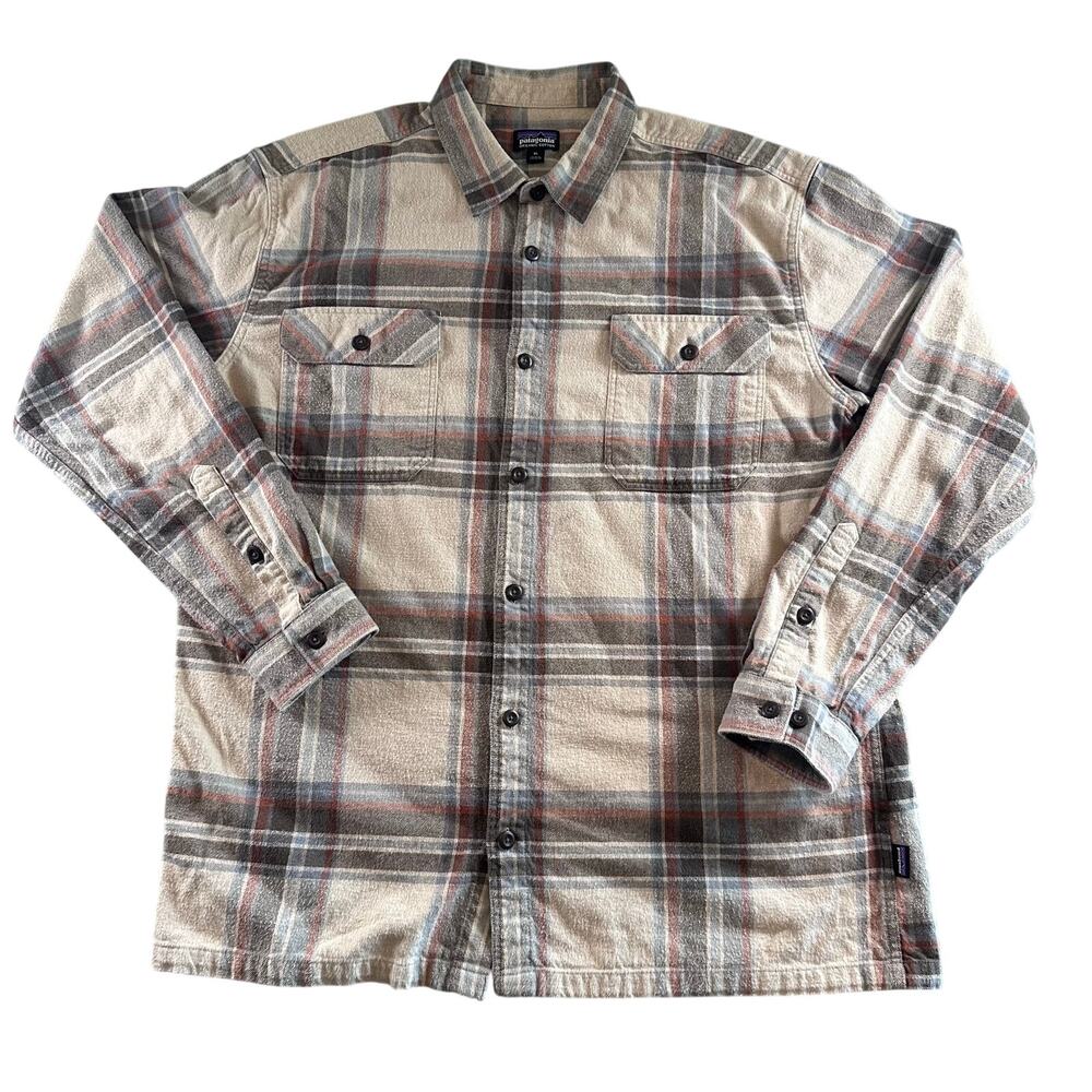 Patagonia Men's XL Long Sleeve Fjord Flannel Shirt Edge Nautilus Tan Plaid